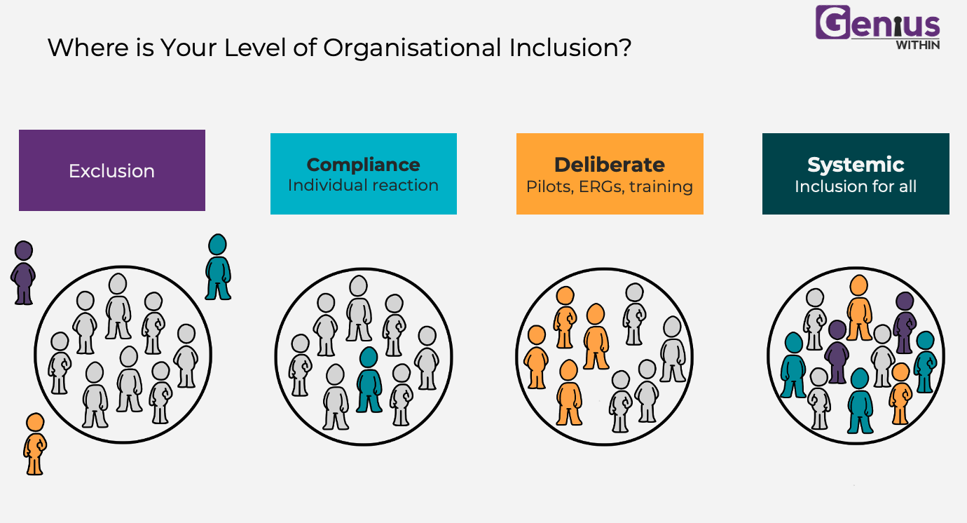 Image shows four rectangles arranged in a row - purple, light blue, orange and dark green. they are labelled Exclusion, Compliance, Deliberate and Systemic.